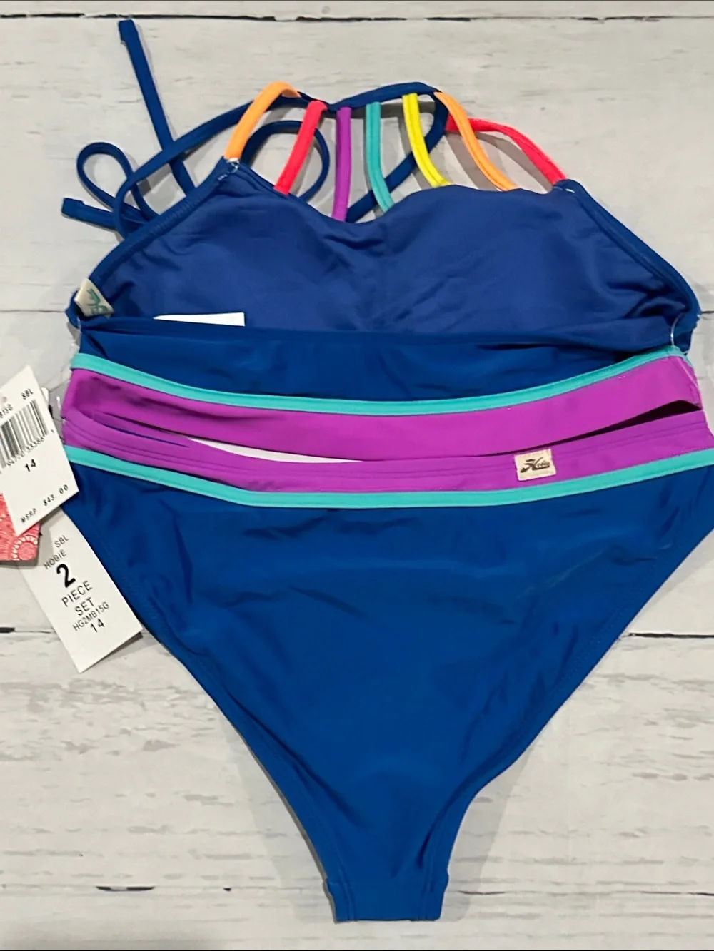 Hobie Blue High-Neck Bikini with Rainbow Strap Accents size 14 2 piece